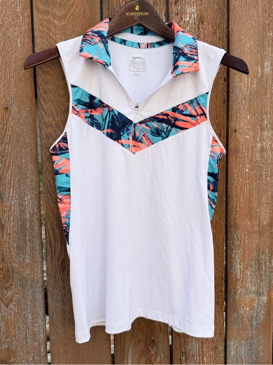 Slazenger Tops - SLAZENGER Golf Women’s White Sleeveless Zip Polo Tropical Print Accents Small